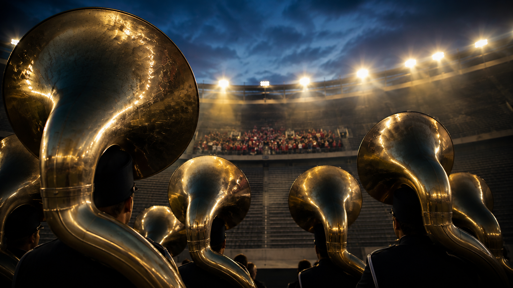 A marching band's sousaphone bells tilted upward from ground level toward a narrow band of opposing fans in a darkened stadium at dusk