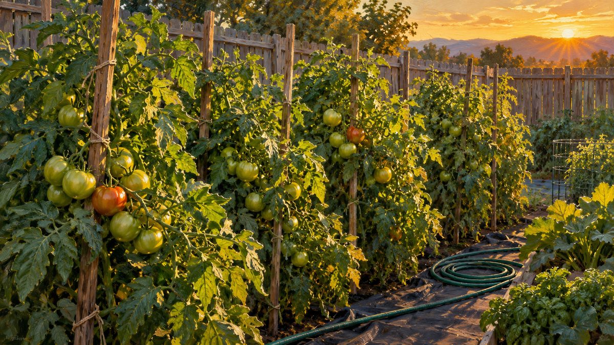 Tomato plants heavy with fruit in a backyard garden at sunset