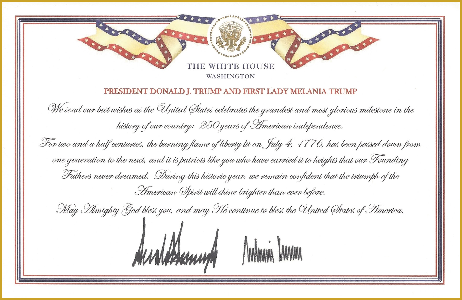 Certificate from President Donald J. Trump and First Lady Melania Trump marking 250 years of American independence