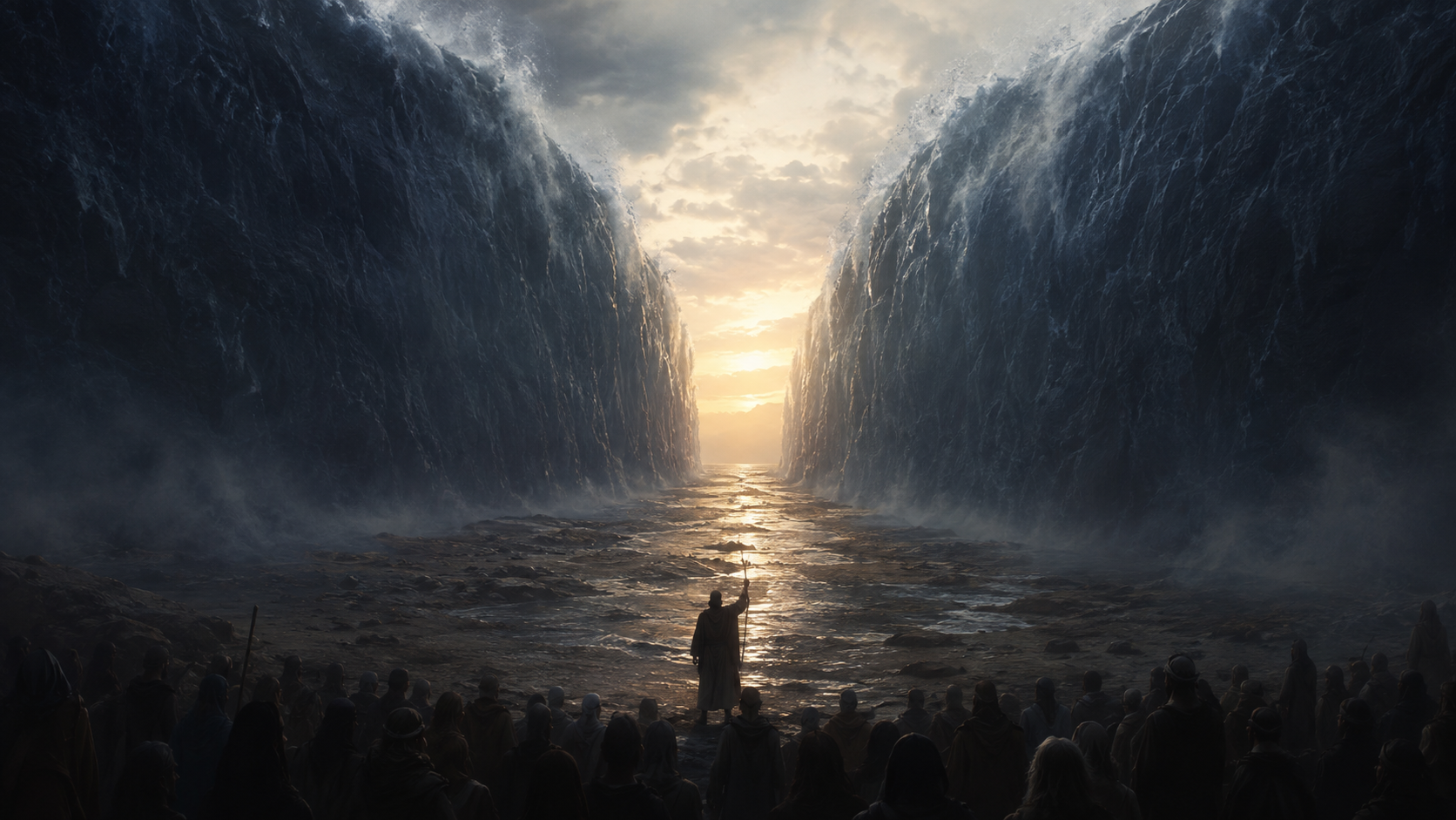 A narrow dry path opening between two towering walls of dark water at dawn, with a silhouetted figure standing at the entrance
