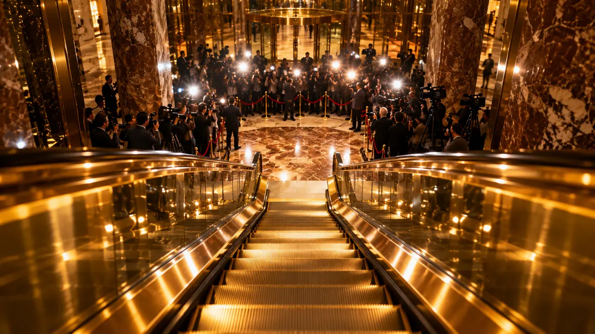Golden escalator overlooking a crowded atrium with cameras and flashing lights.