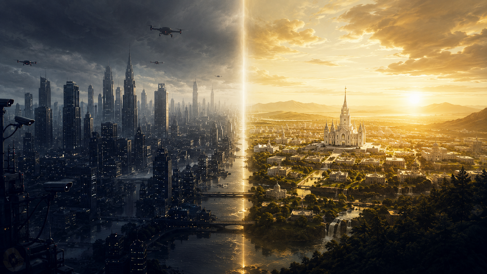 A split scene: dark surveillance-city Babylon on the left with drones and cameras, and a bright golden Zion with a white temple on the right