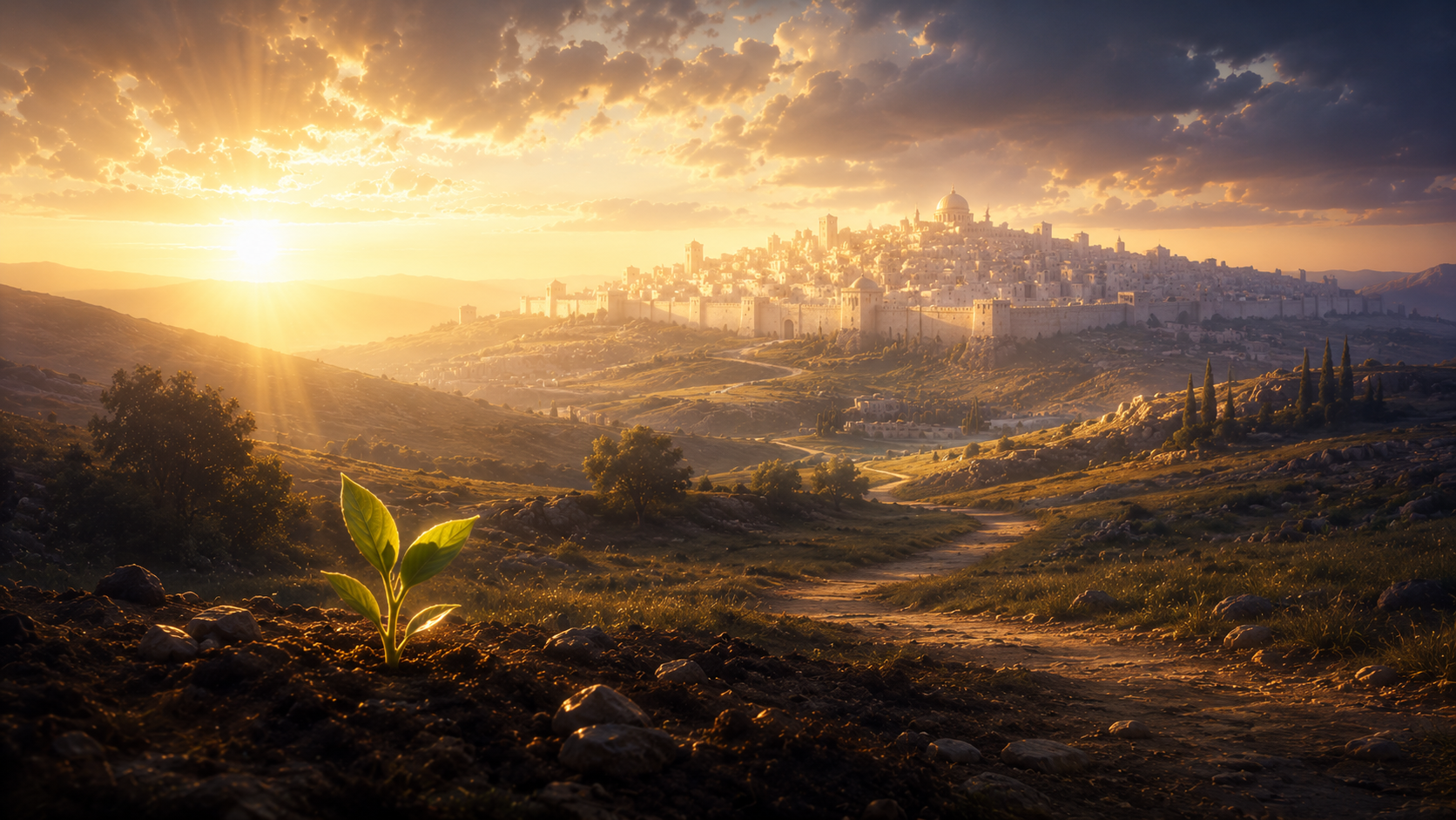A small seedling on a hillside with the city of Zion glowing in the distance at sunrise