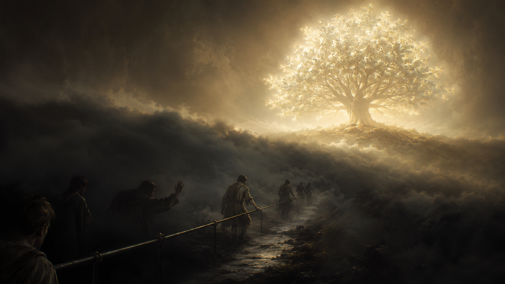 A glowing tree of life at the end of a narrow path, with mists of darkness rolling across the way and figures turning back into the shadow.
