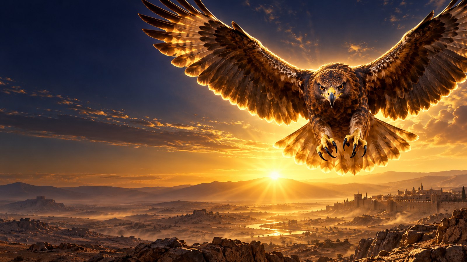 A bird of prey flies toward the viewer above an ancient desert city at sunrise