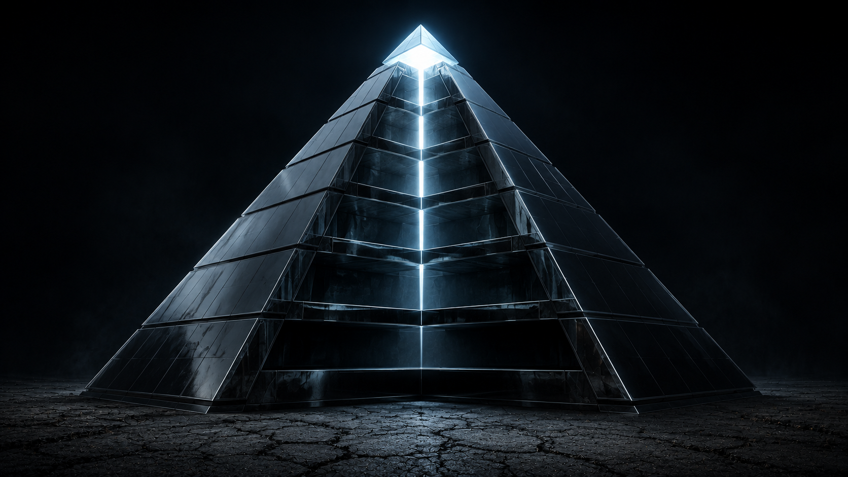 A dark, tiered corporate pyramid with a single glowing line running up its center — the corporate organizational chart