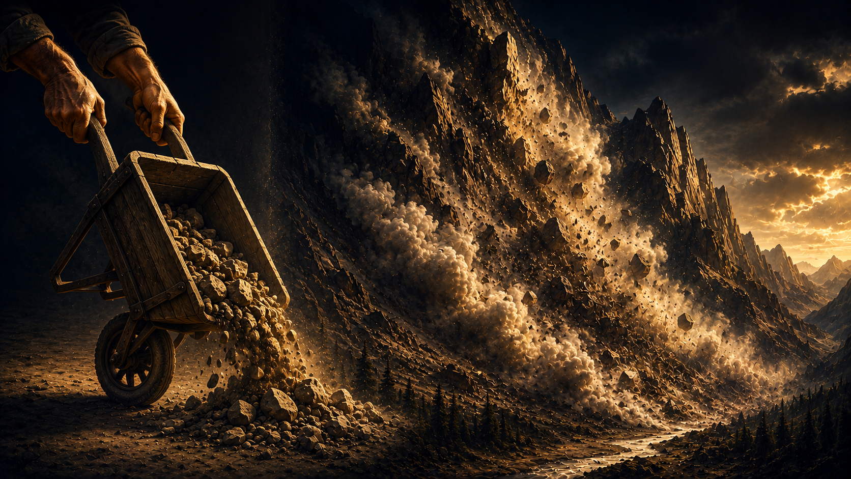 A wheelbarrow dumping rocks beside an enormous mountain avalanche — illustrating the difference in scale between today's earthquakes and the sixth seal