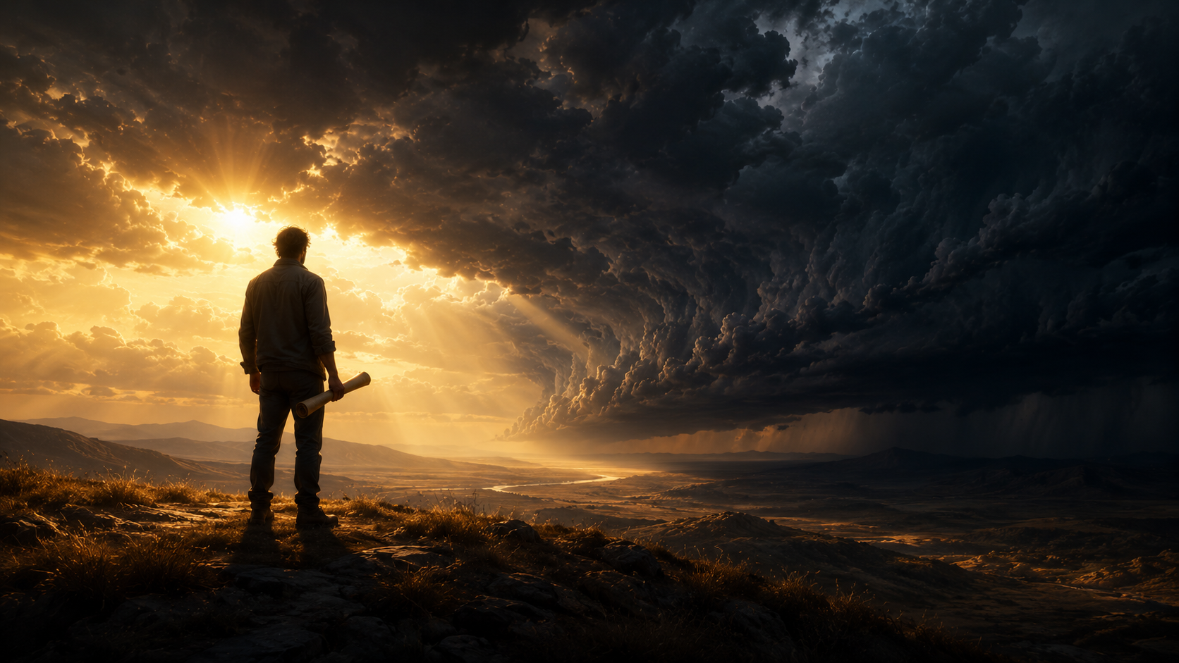 A man holding a scroll stands on a hillside between a sunlit sky and an approaching storm