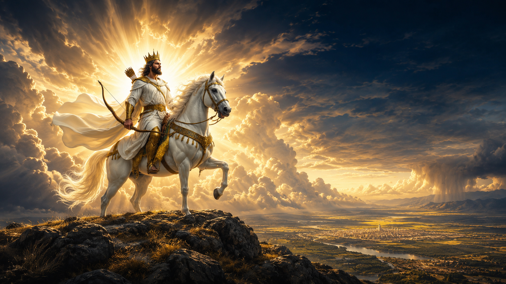 A crowned rider on a white horse holding a bow, standing still on a rocky hilltop above a valley at golden hour — the First Horseman not yet riding