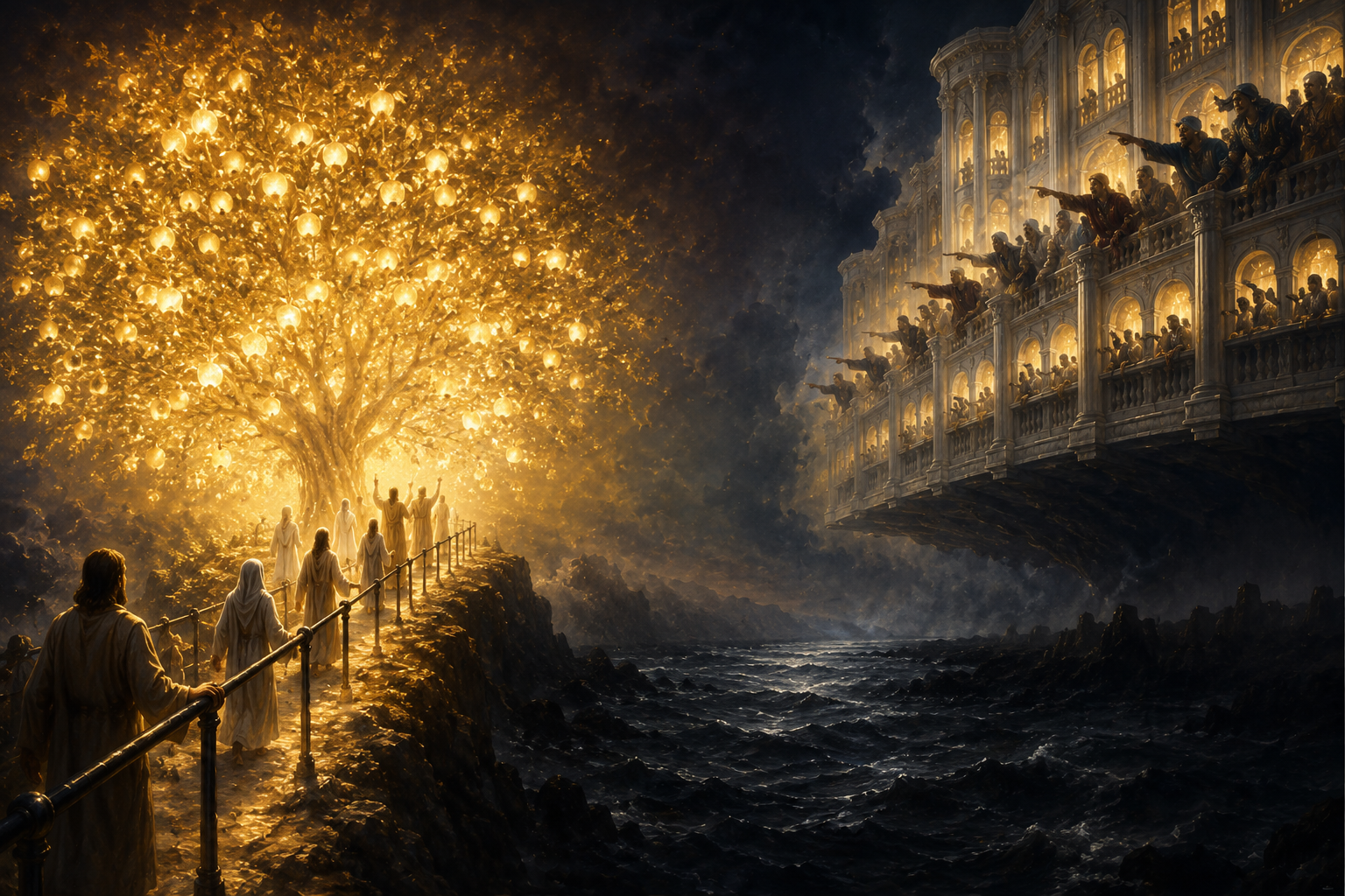 Lehi's vision of the tree of life: those who tasted the fruit walking toward the glowing tree while a great and spacious building looms across the dark river with people mocking and pointing