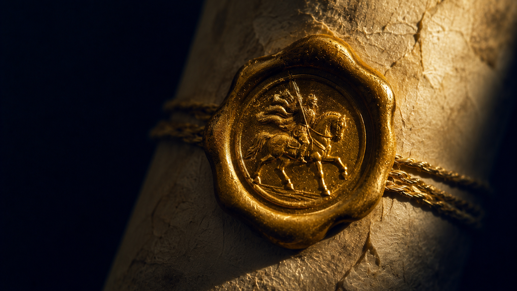 Golden wax seal showing the first horseman on a white horse