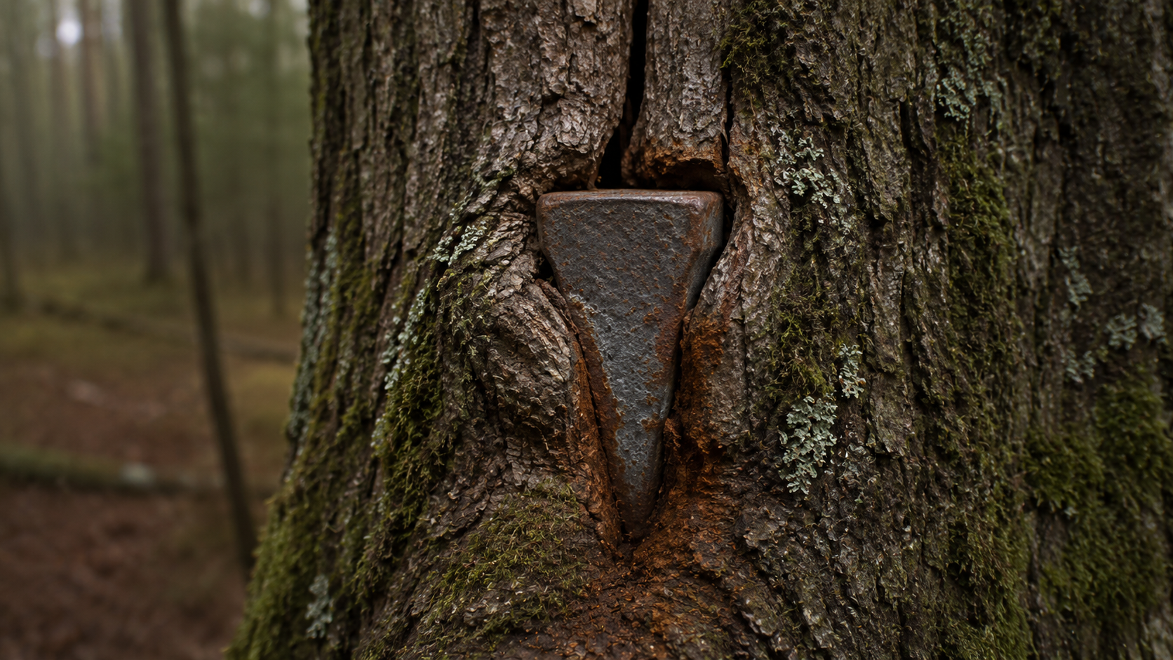 A rusted iron wedge left in the crook of a tree, with the bark grown over it and a split running up the trunk.