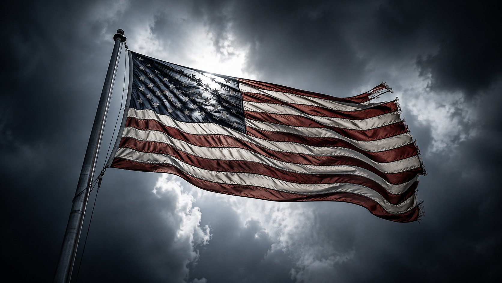 Weathered American flag flying against a storm-lit sky at dawn
