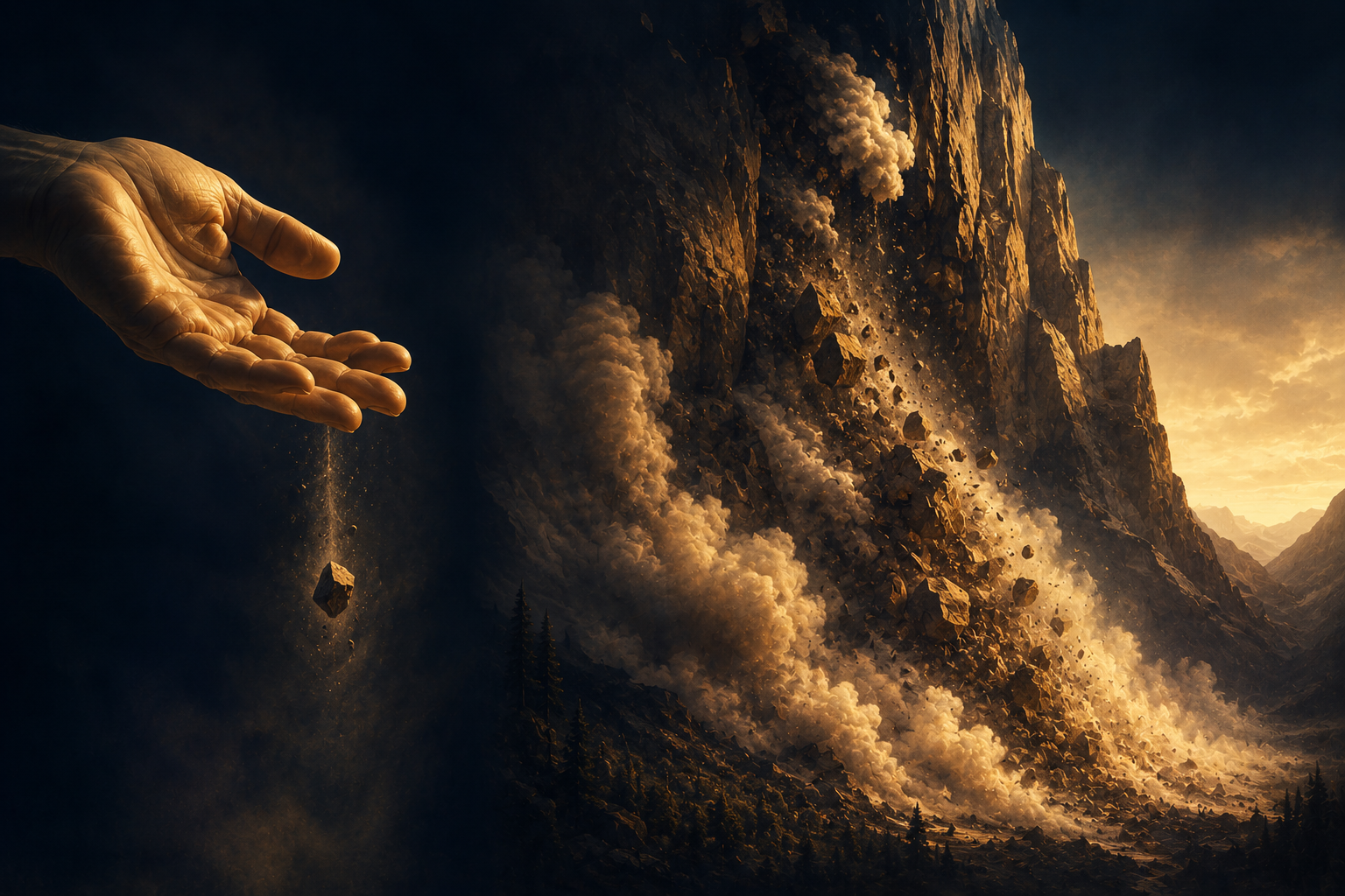 A hand letting a small rock fall beside an enormous mountain avalanche — illustrating the difference in scale between today's earthquakes and the sixth seal