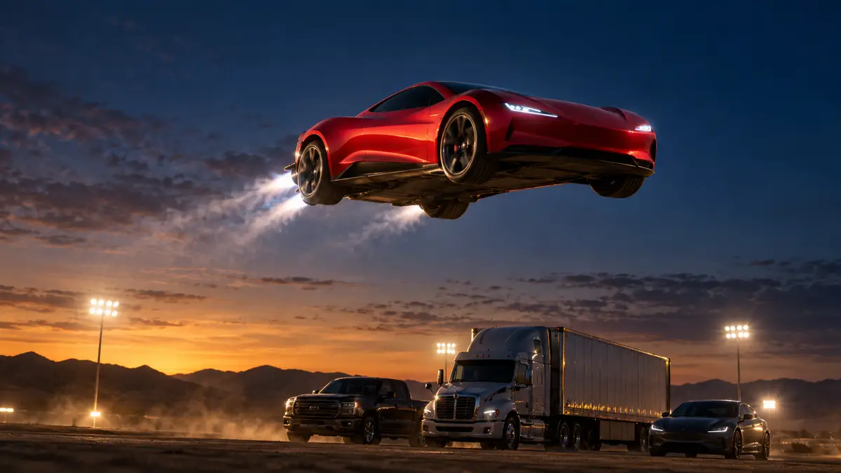 A red electric sports car flying over a row of trucks at a desert test site at dusk