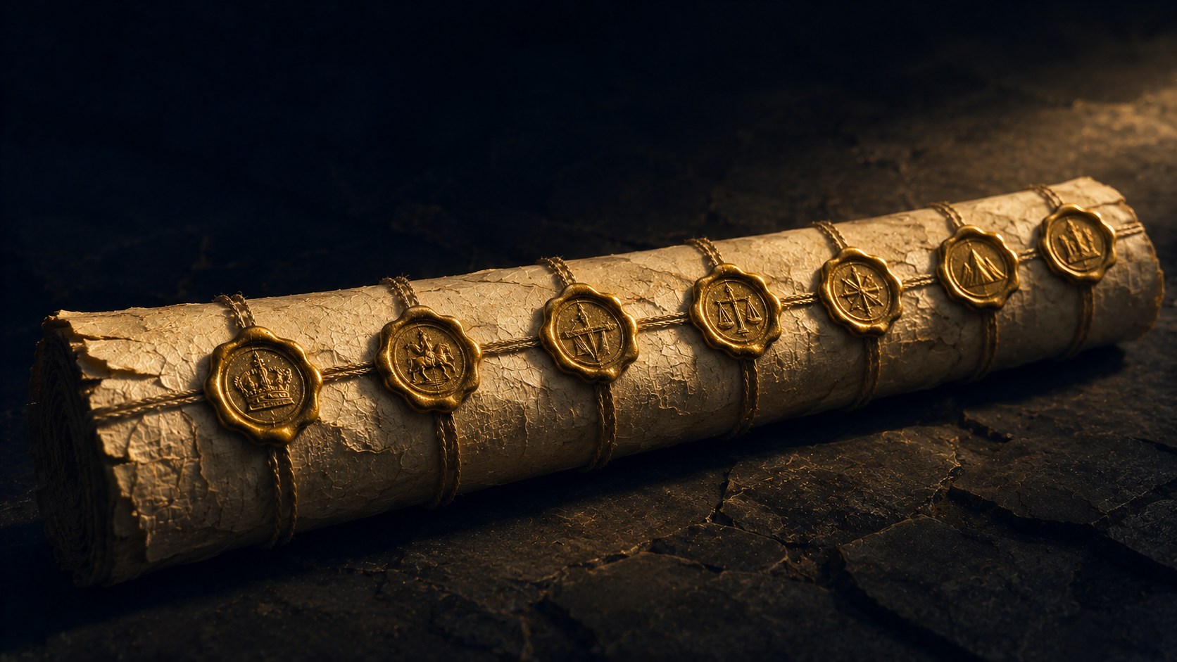 An ancient scroll bound with seven golden wax seals, unopened, resting on dark stone.