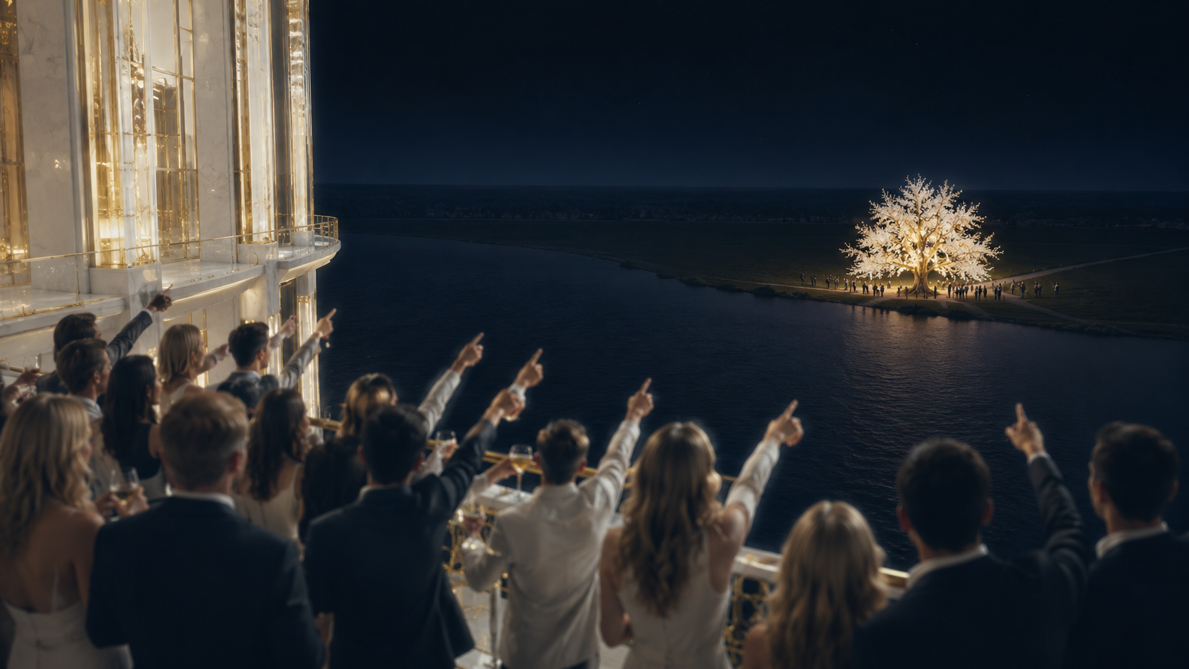 Well dressed people inside a grand hall, turned away and pointing across the water toward the tree of life