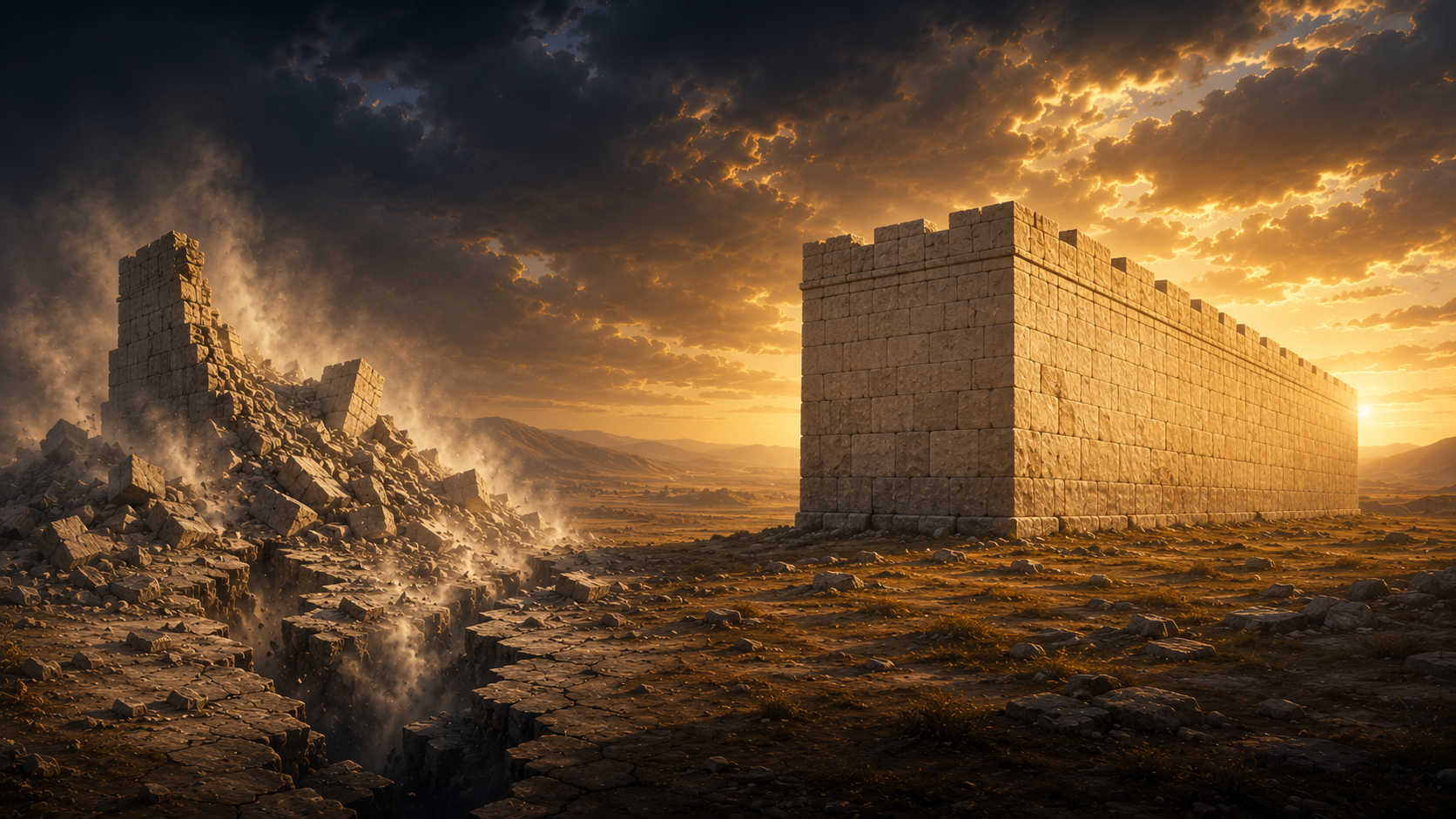 A whole, sunlit stone wall standing beside a crumbling wall collapsing into dust — a solid testimony contrasted with one being destroyed