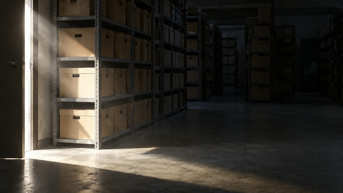 Archive storage room filled with records boxes, lit by a single shaft of light from a doorway