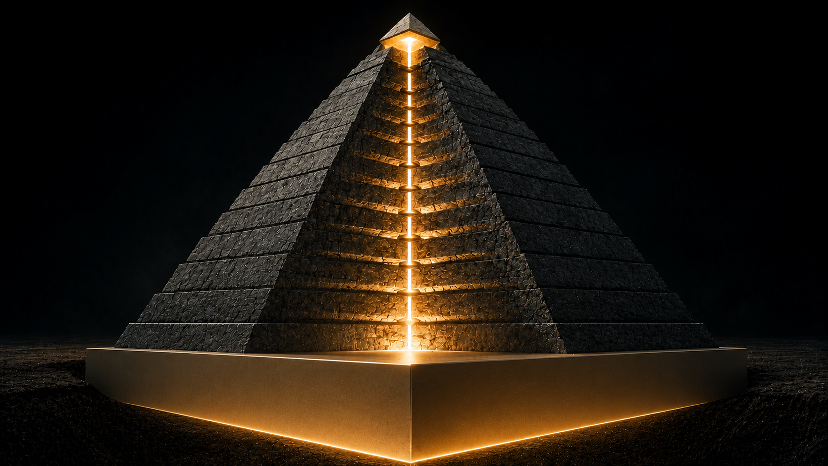 A dark stone pyramid on a gold base with light glowing up its central stair — the shape of an organizational chart