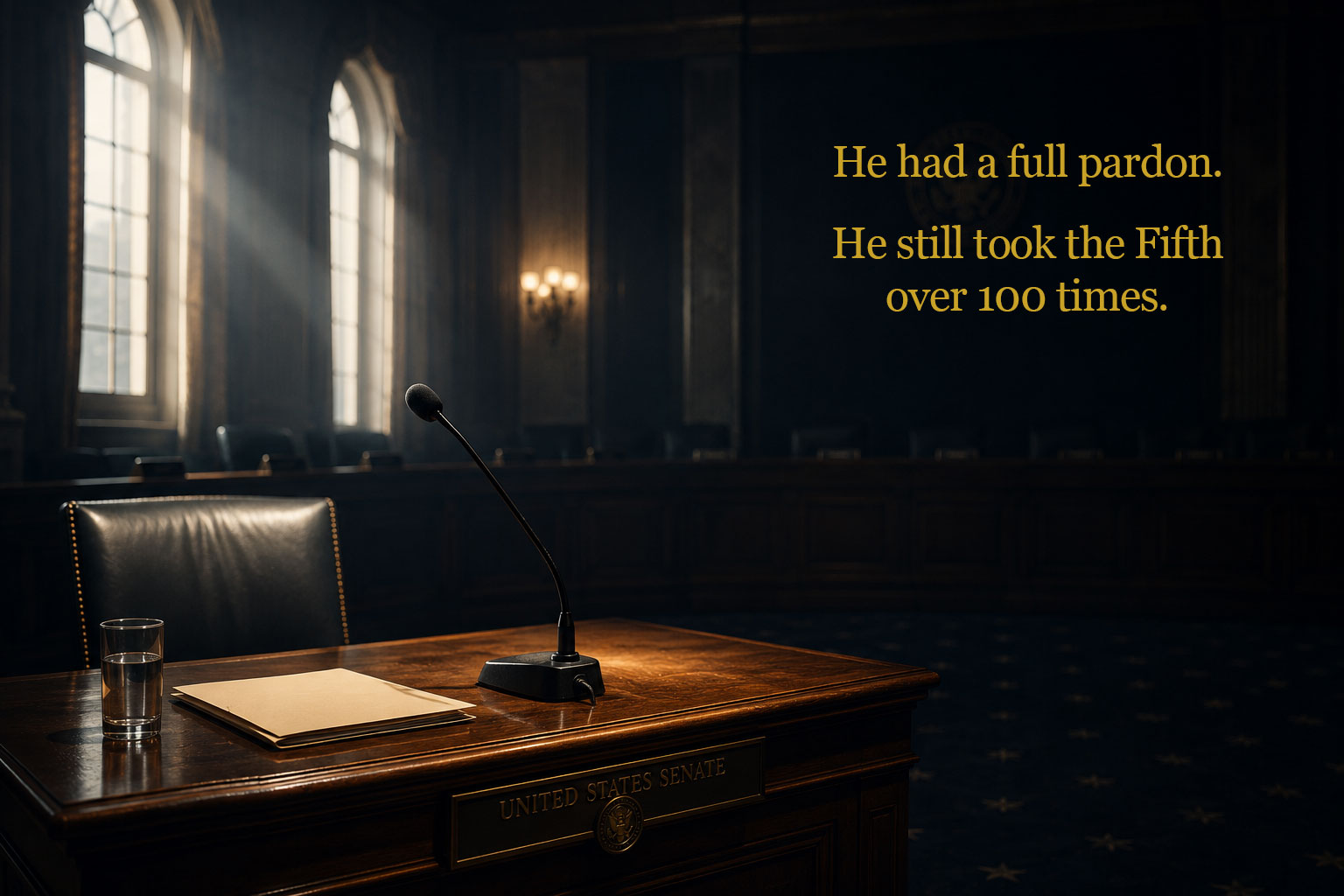 An empty United States Senate witness table with the words: He had a full pardon. He still took the Fifth over 100 times.
