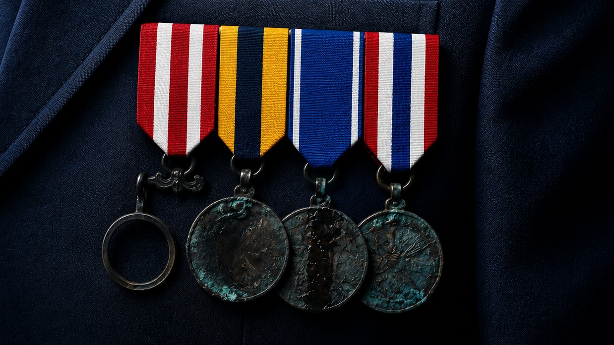 Close-up of a decorated military officer's chest with tarnished medals and ribbons