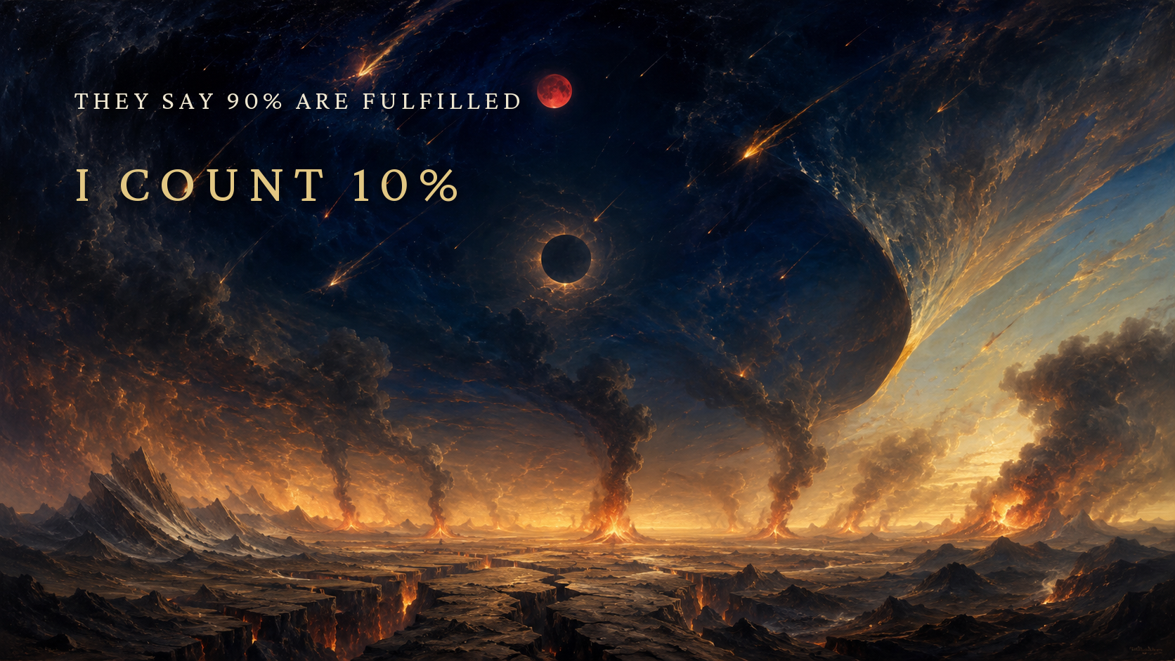 A dramatic apocalyptic landscape with a darkened sun, blood-red moon, falling stars, and volcanic fire across the horizon — illustrating the cataclysmic prophecies of the Second Coming