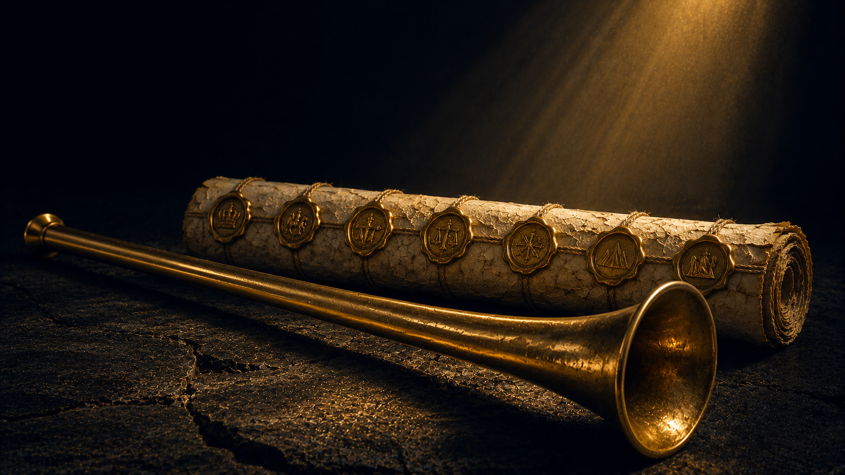 Golden trumpet beside an ancient scroll bound with seven wax seals