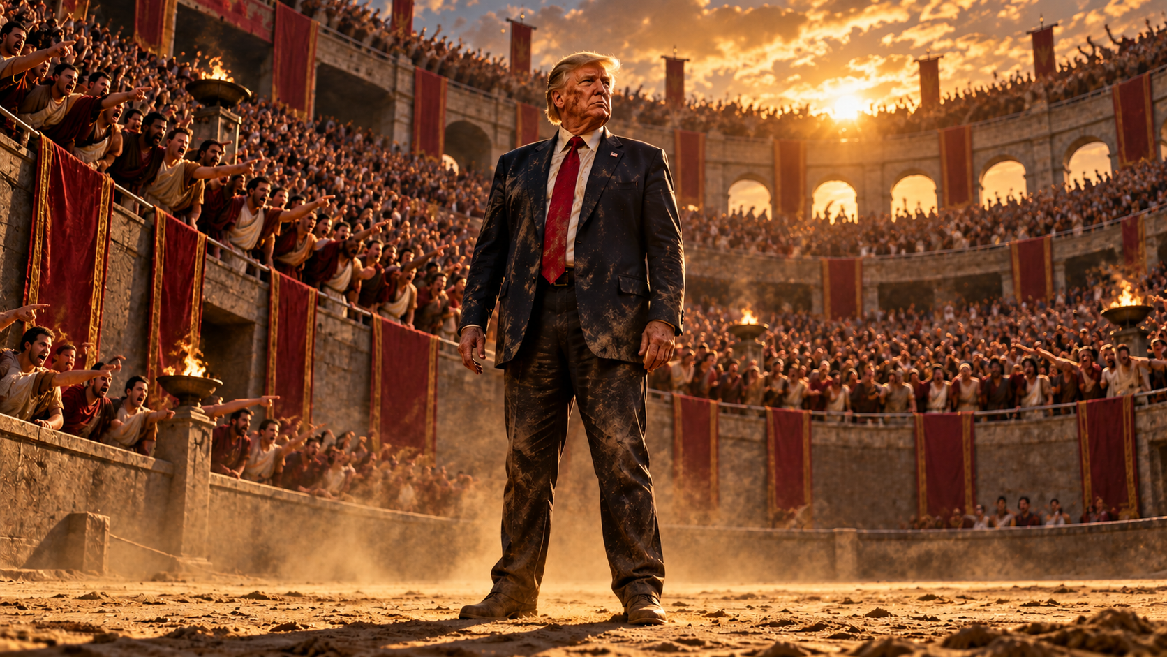 Donald Trump standing in an arena at sunset while crowds oppose him from the stands