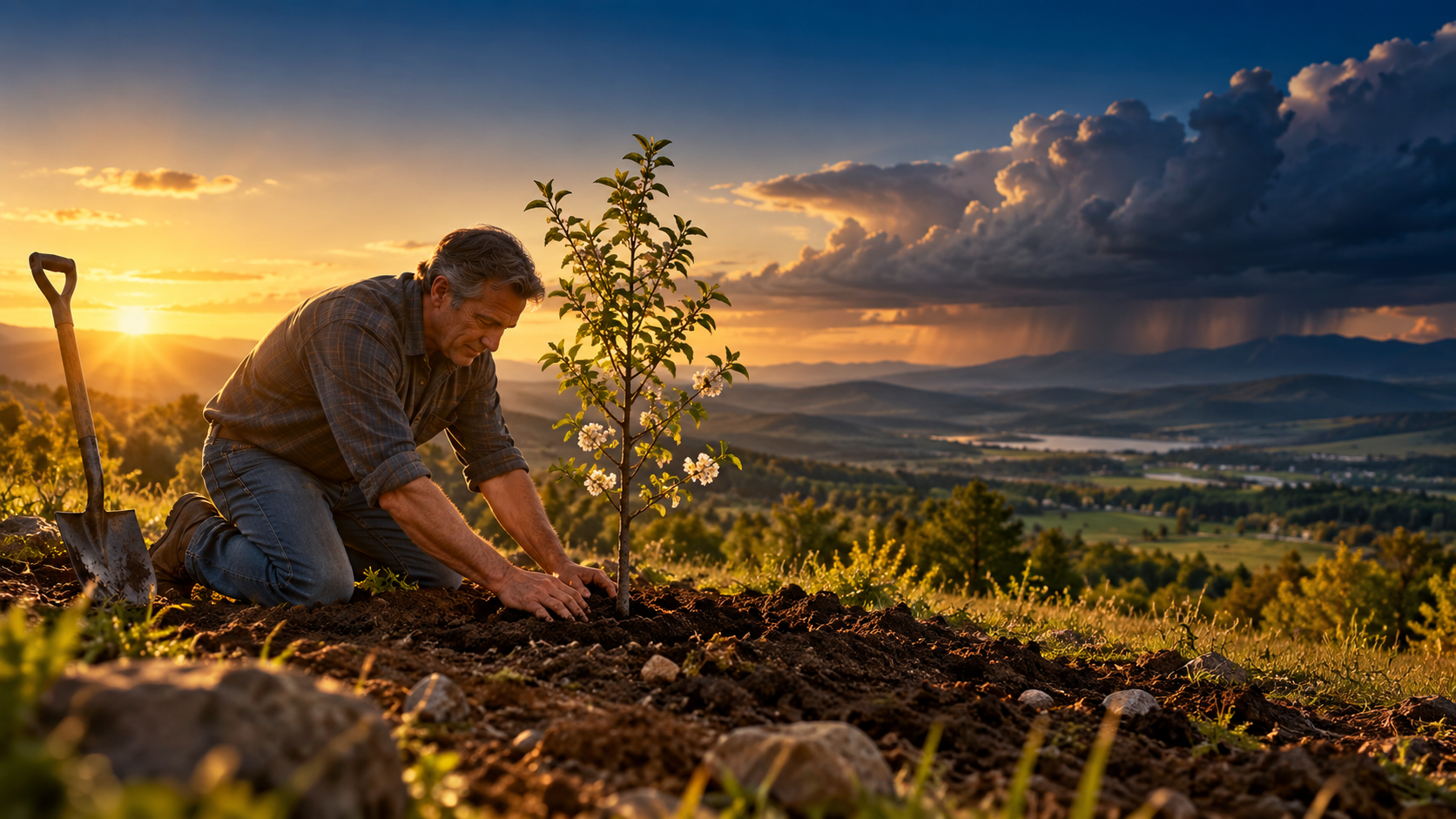 A man planting a young cherry tree at sunset as storm clouds gather over the valley.
