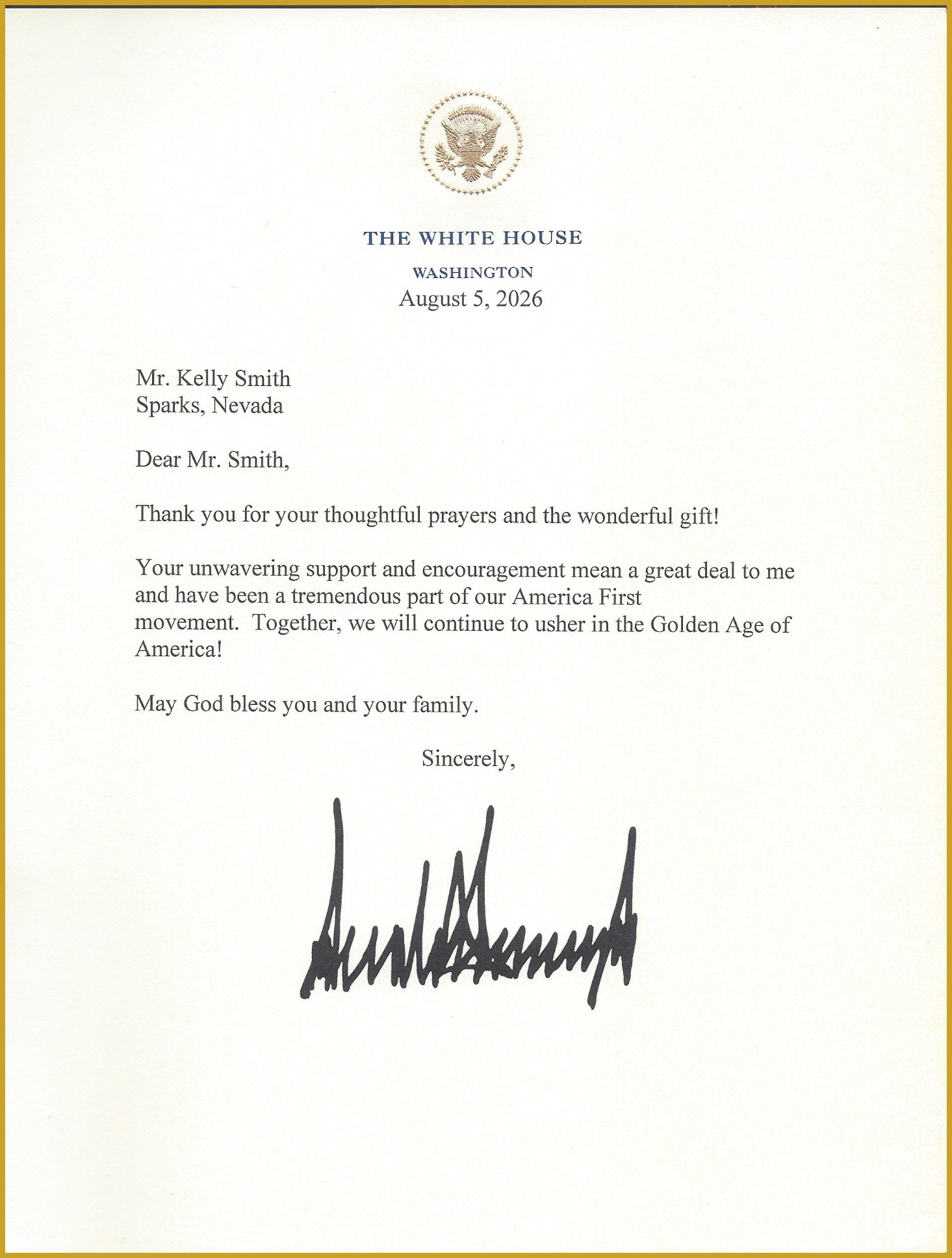 Letter from the White House signed by President Donald J. Trump, dated August 5, 2026, addressed to Kelly Smith