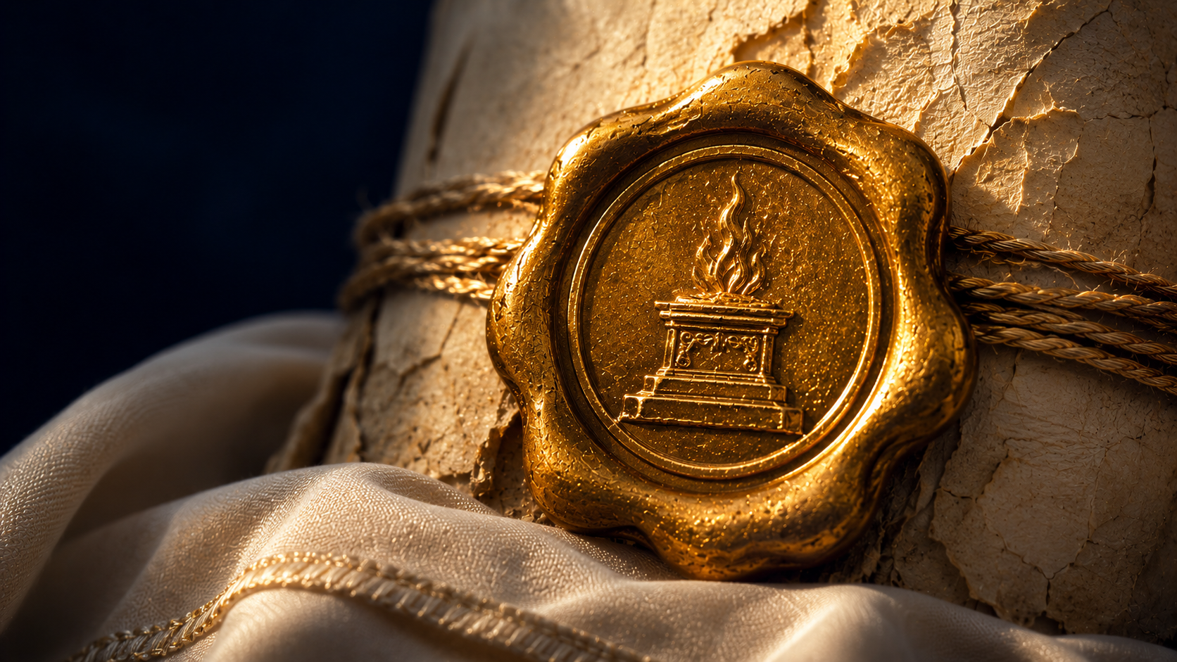 Golden wax seal showing an altar with rising flame, bound to an ancient scroll with white linen