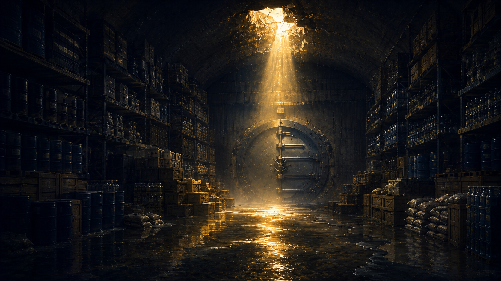 A vast underground bunker filled with crates, barrels, and supplies, with a shaft of golden light breaking through a fracture in the ceiling above a heavy vault door