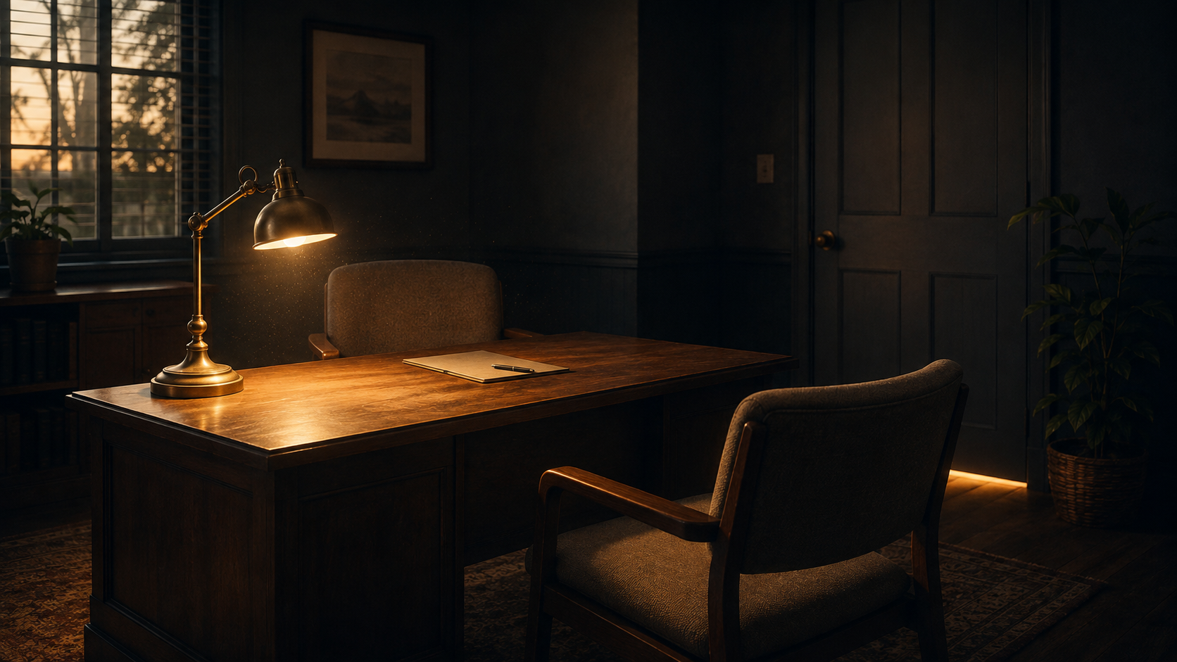 An empty chair facing a stake president's desk in a warmly lit office at dusk