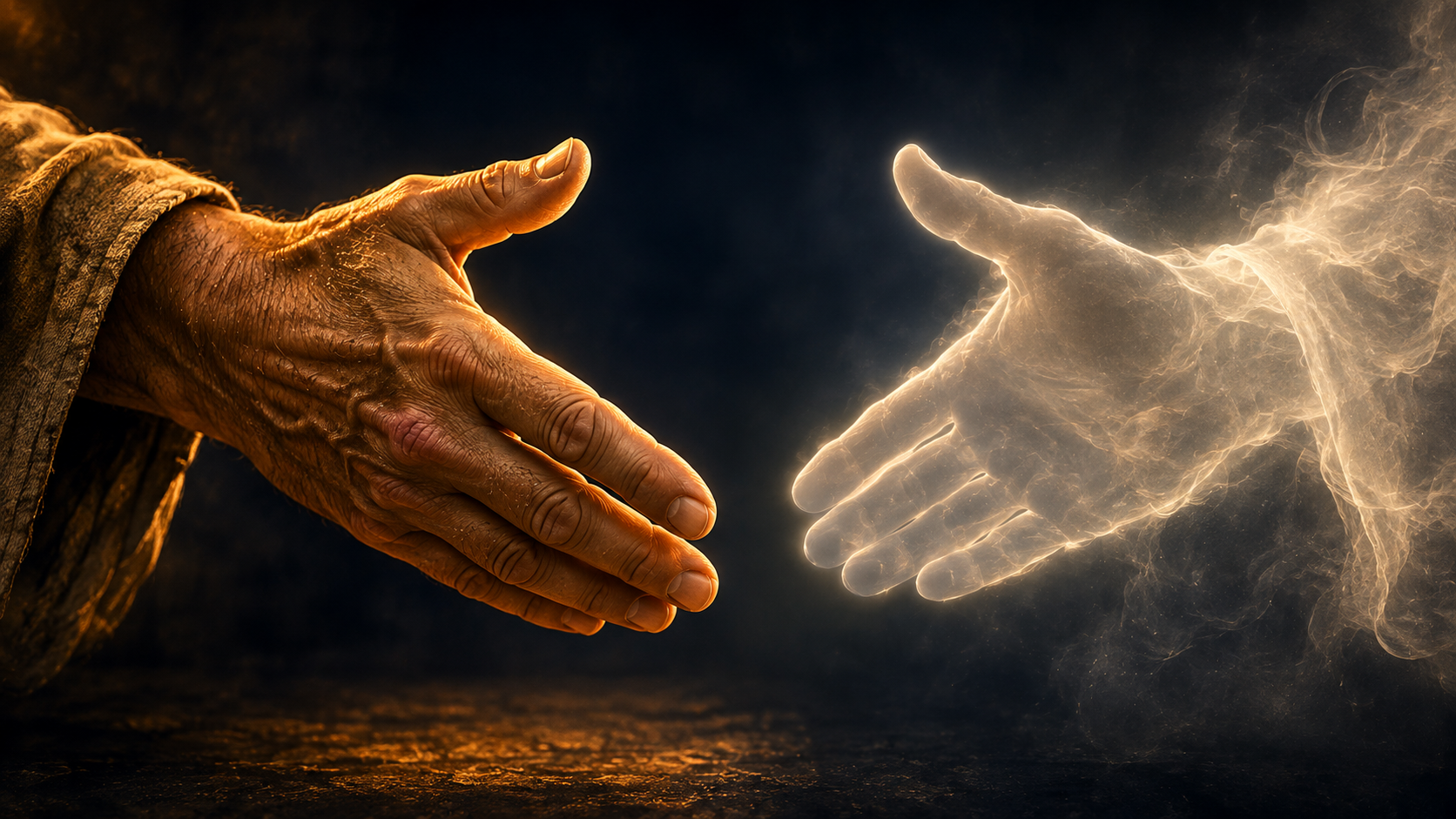 A solid human hand extended toward a second hand that dissolves into light