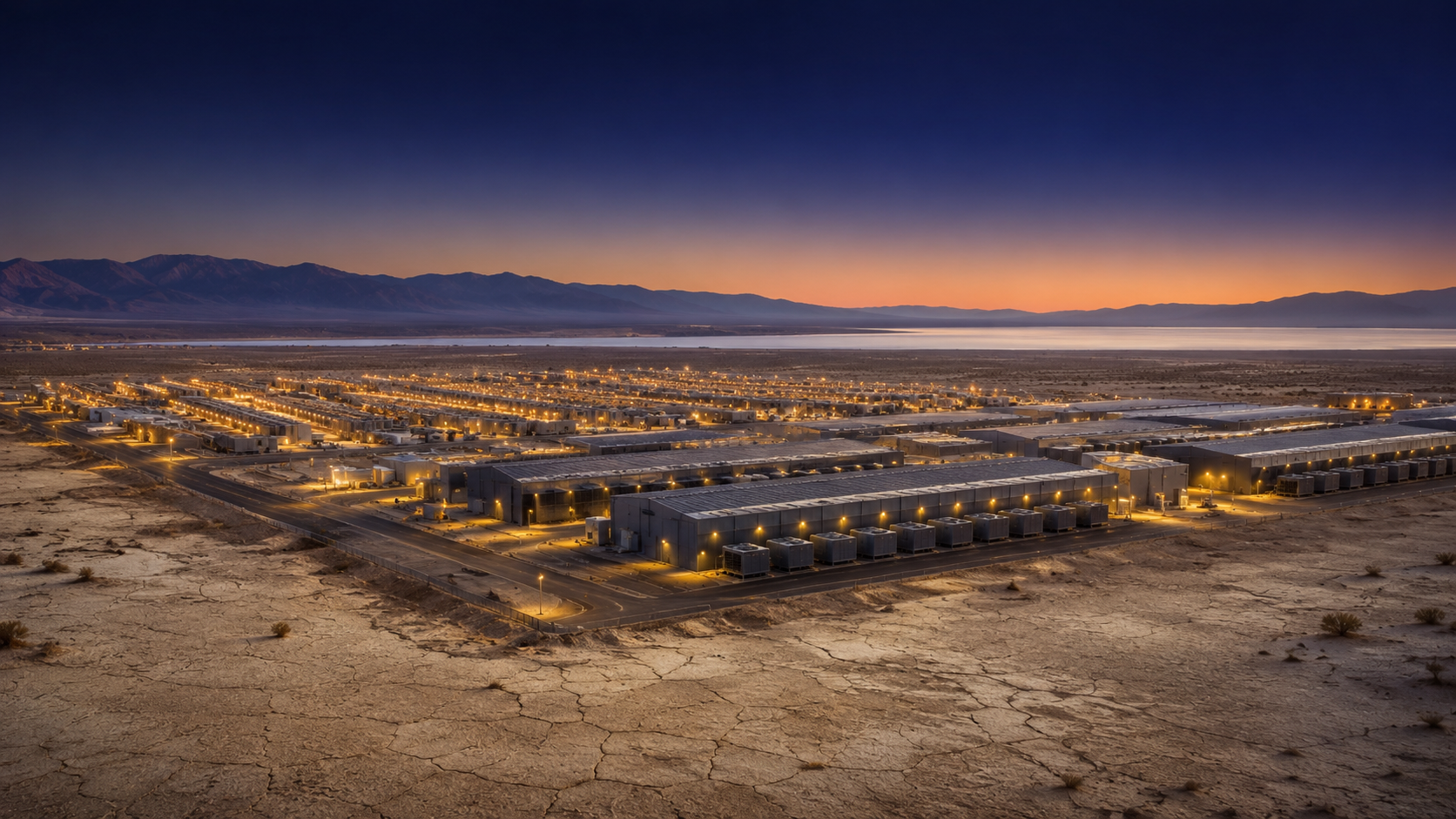A vast data center complex glowing at dusk in the desert, mountains and a dry lake in the distance